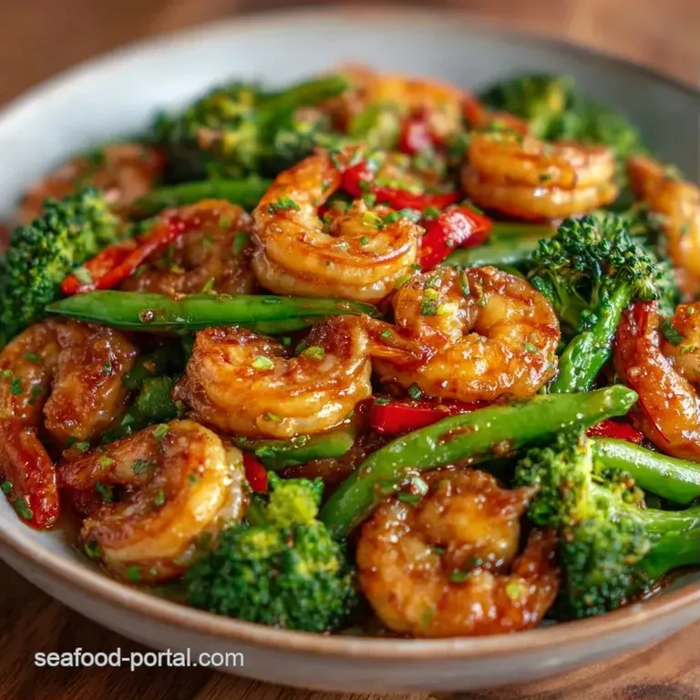 Vibrant shrimp and colorful medley of vegetables plated elegantly in a shallow bowl with a glossy butter glaze.