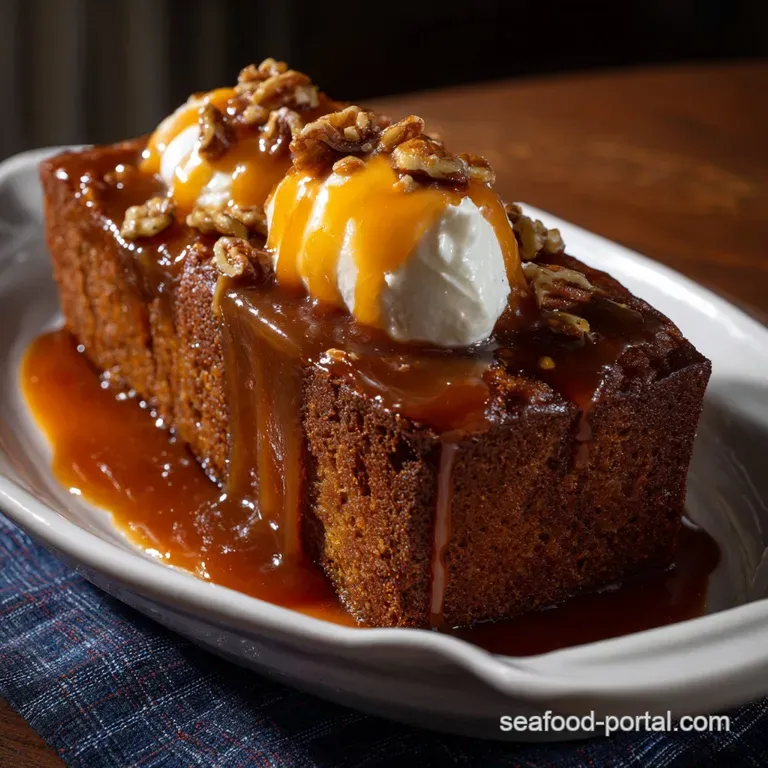 Warm, spiced bread pudding with a glossy, caramel-colored sauce. Fluffy texture, with a dusting of cinnamon and a gentle, ...