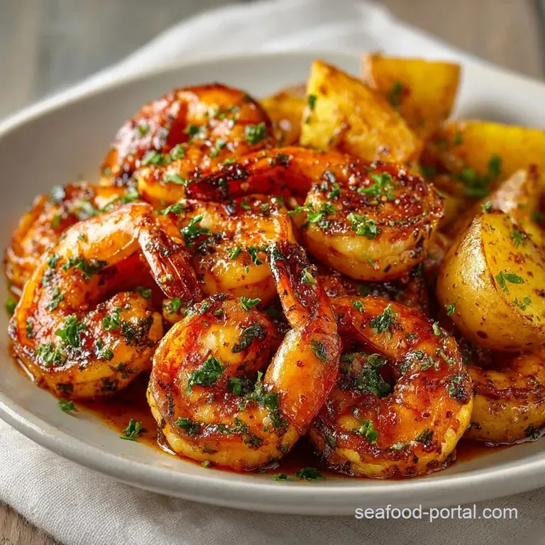 Sizzling shrimp and golden roasted potatoes in a white skillet, garnished with vibrant chopped parsley and lemon.