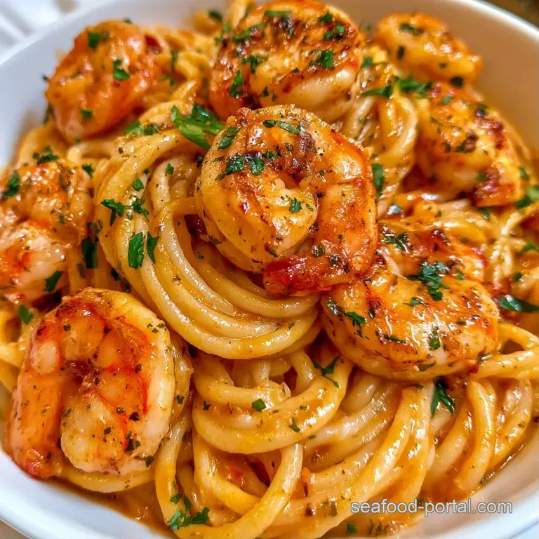 A neat swirl of creamy pasta topped with seared shrimp on a white ceramic plate, finished with fresh parsley.