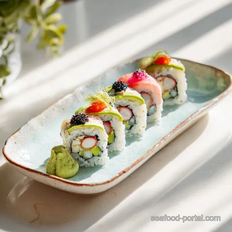 Artfully arranged California roll sushi on a black plate with wasabi, ginger, and a delicate drizzle of sauce.