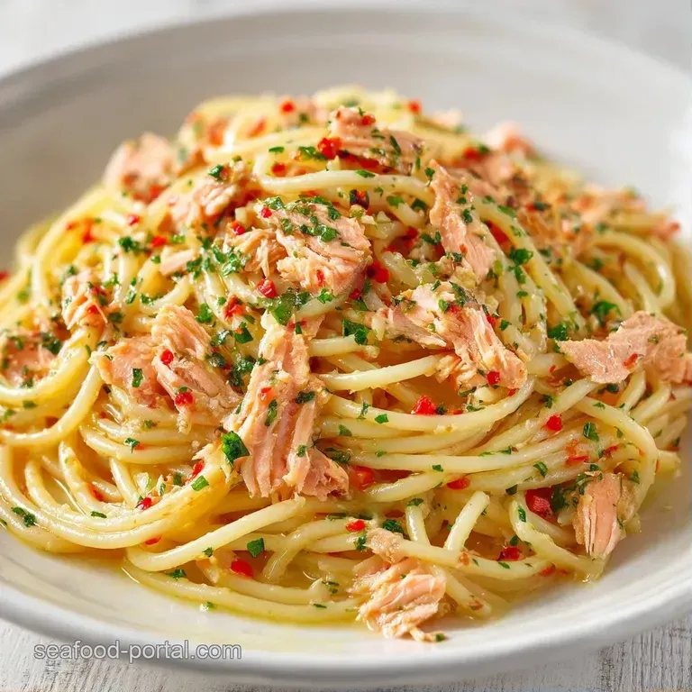 Elegant swirl of garlic-infused pasta topped with pink salmon flakes and a sprig of parsley on a white plate.