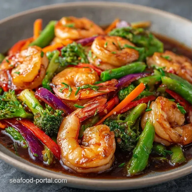 Plump pink shrimp and bright green florets arranged neatly in a shallow bowl with a translucent, glossy sauce.