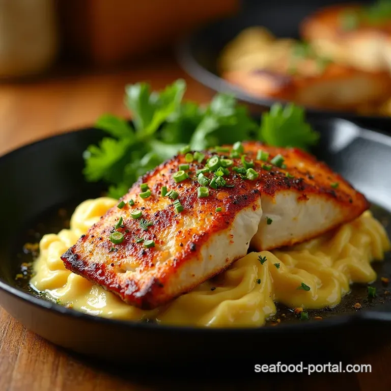 Cast Iron Char Perfectly Blackened Amberjack with Zesty Remoulade presentation