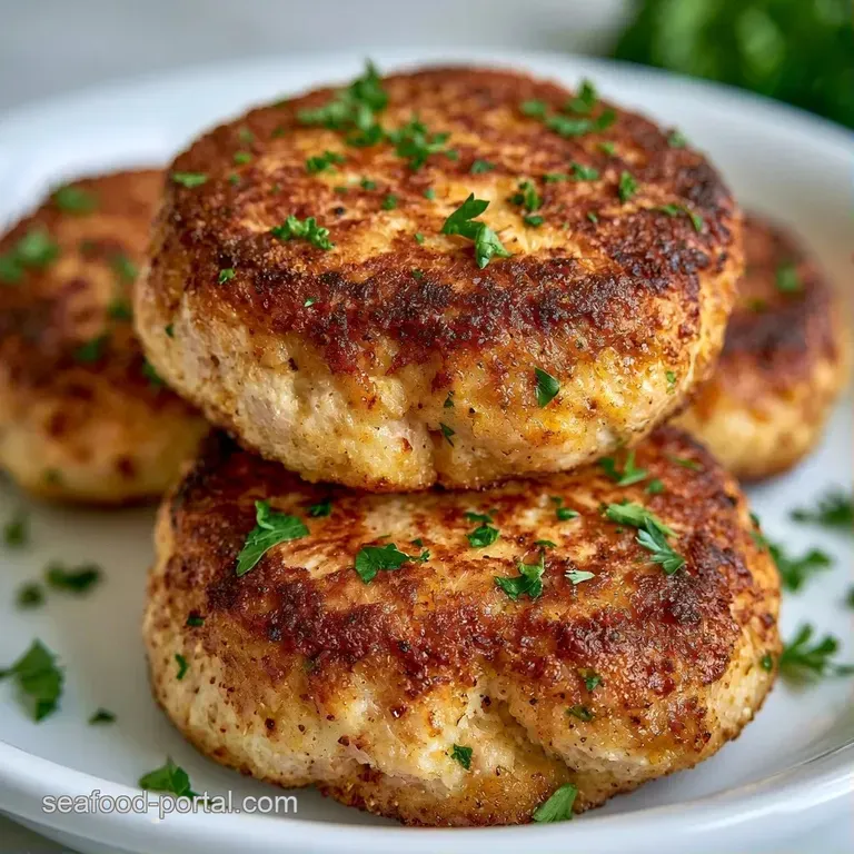 Three pan-seared patties topped with a dollop of creamy tartar sauce and fresh parsley on a white ceramic plate