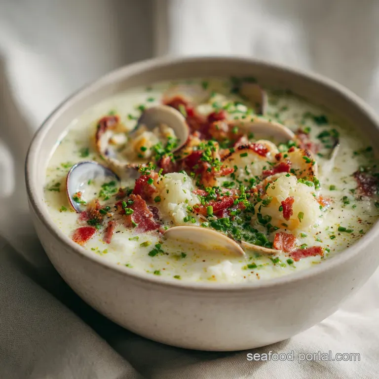 Elegant white bowl filled with steaming cauliflower clam chowder, garnished with fresh thyme sprigs and cracked black pepper.