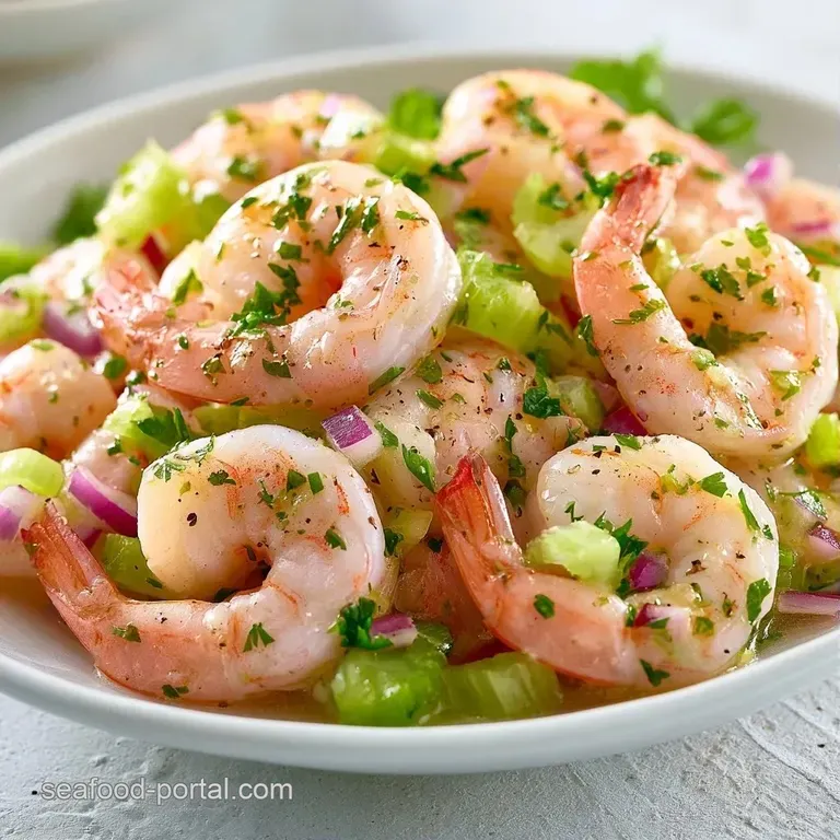 Chilled shrimp salad served in a glass bowl, topped with a sprig of fresh parsley and cracked black pepper.