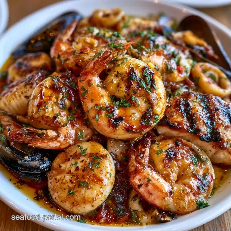 Platter of seared seafood with golden edges, accented by vibrant lemon wheels and sprigs of fresh green herbs.