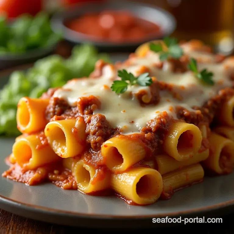 The Ultimate Sunday Lunch Beef ThreeCheese Rigatoni Bake presentation