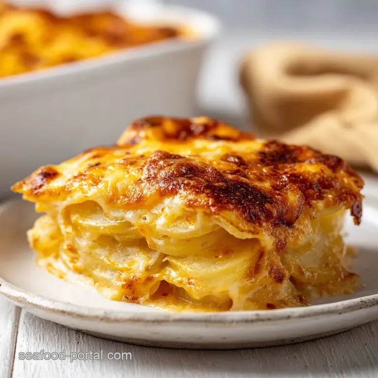 A neat square of layered creamy potatoes on a white plate, garnished with fresh green chives and black pepper.