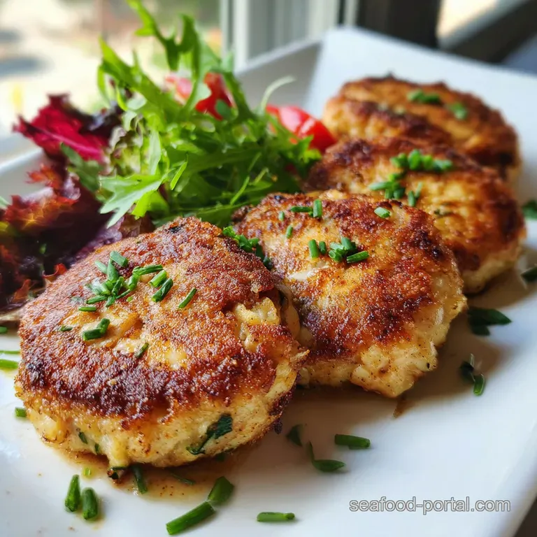Plated walleye cakes on a bed of vibrant greens. Creamy sauce drizzle and a sprinkle of herbs enhance the dish. Mouthwater...