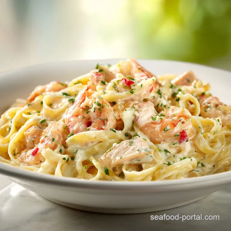 A vibrant plate of fettuccine Alfredo, showcasing succulent shrimp and chicken in a rich, glossy sauce.