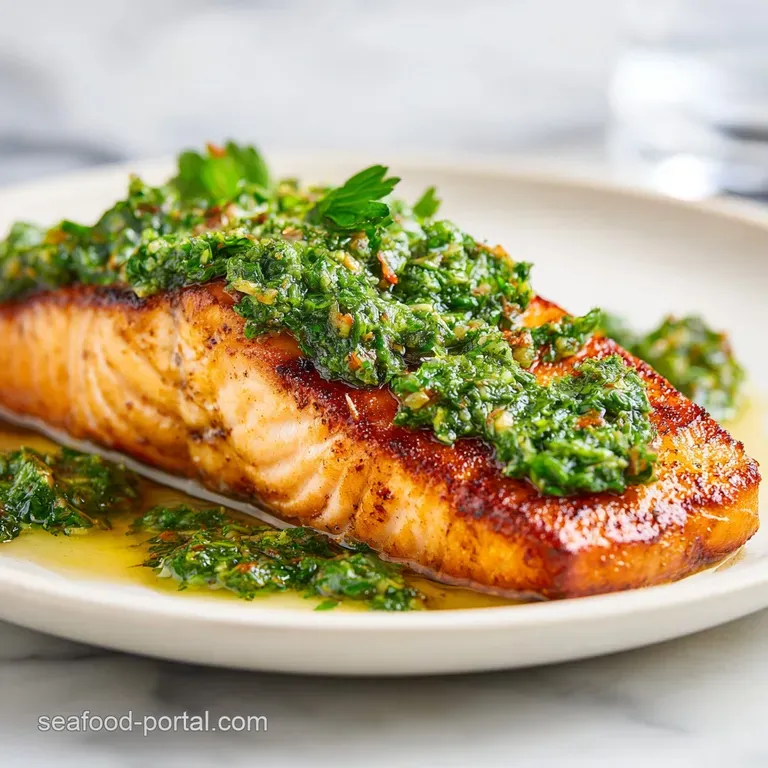Golden-brown fish fillets drizzled with a glossy green herb sauce, plated with fresh lemon wedges and microgreens.