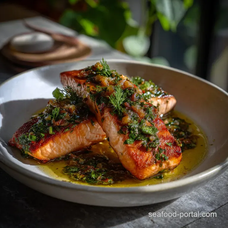 Flaky salmon fillet with a perfectly seared crust, artfully arranged with a bright chimichurri drizzle on a white plate.