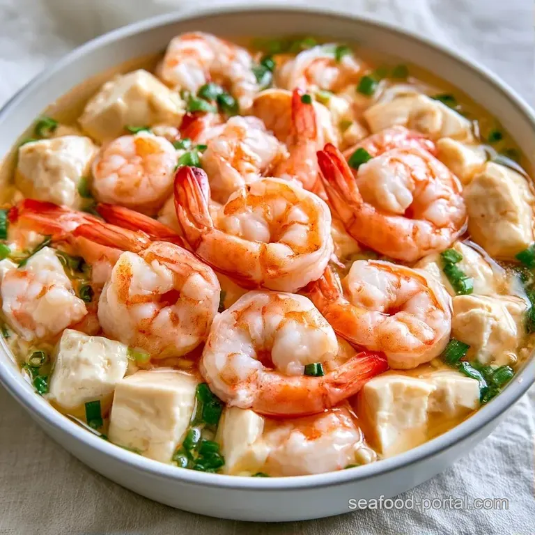 Four elegant white ceramic bowls filled with clear savory broth, pink shrimp, white tofu, and fresh green onions.