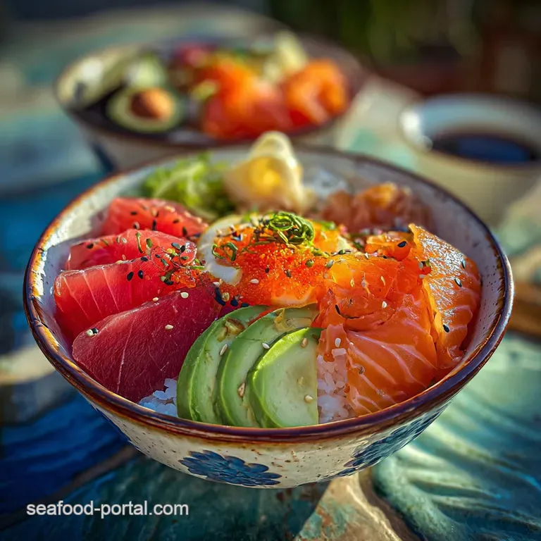 Elegant chirashi bowl: jewel-toned sashimi slices artfully arranged atop pearly rice, garnished with seaweed and sesame, i...