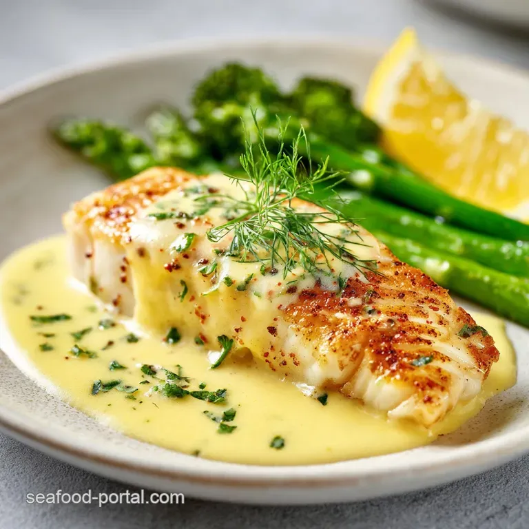 A pool of light Beurre Blanc sauce gracefully coating flaky white fish. A sprig of fresh dill adds vibrant color and aroma.
