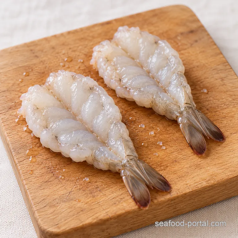 Butterflied raw prawns pressed flat on a wooden cutting board