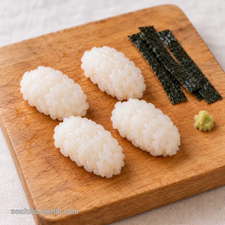 Small oblong mounds of white sushi rice shaped on a wooden board