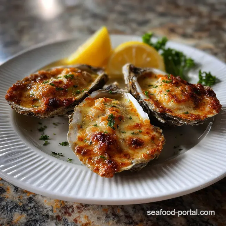 A single oyster Bienville, artfully plated on a bed of rock salt with a lemon wedge, showcasing the creamy topping.