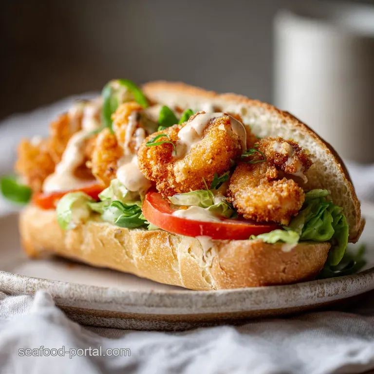 A golden-brown po'boy sandwich cut in half, revealing plump fried shrimp, fresh greens, and tangy remoulade.