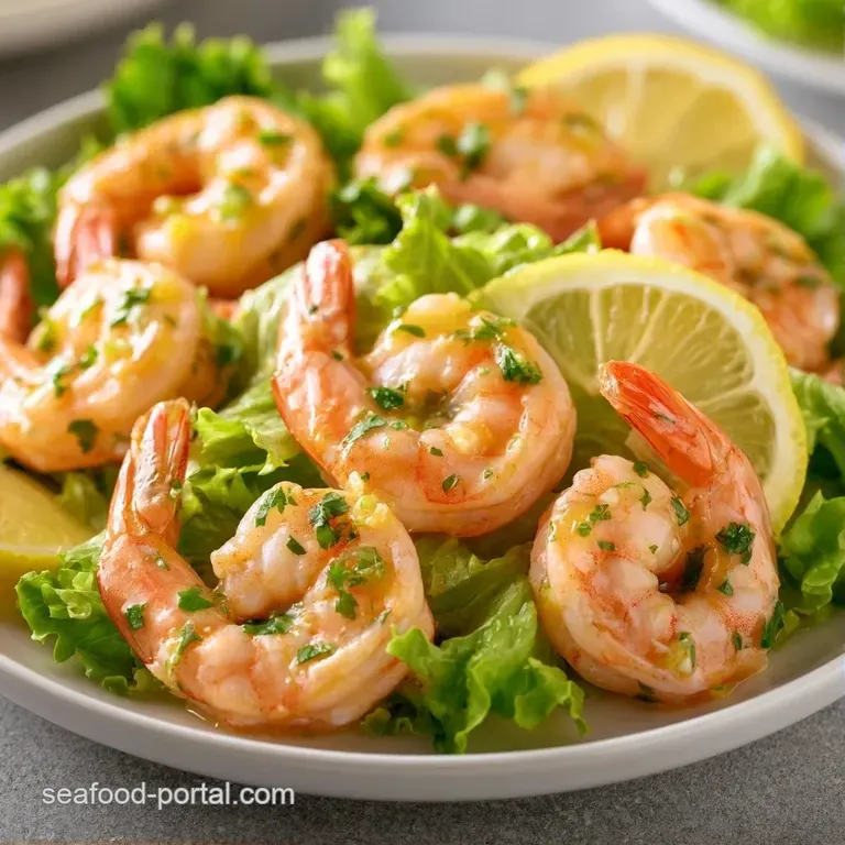 Creamy shrimp salad scooped onto a bed of vibrant green lettuce, garnished with a fresh lemon wedge and parsley.