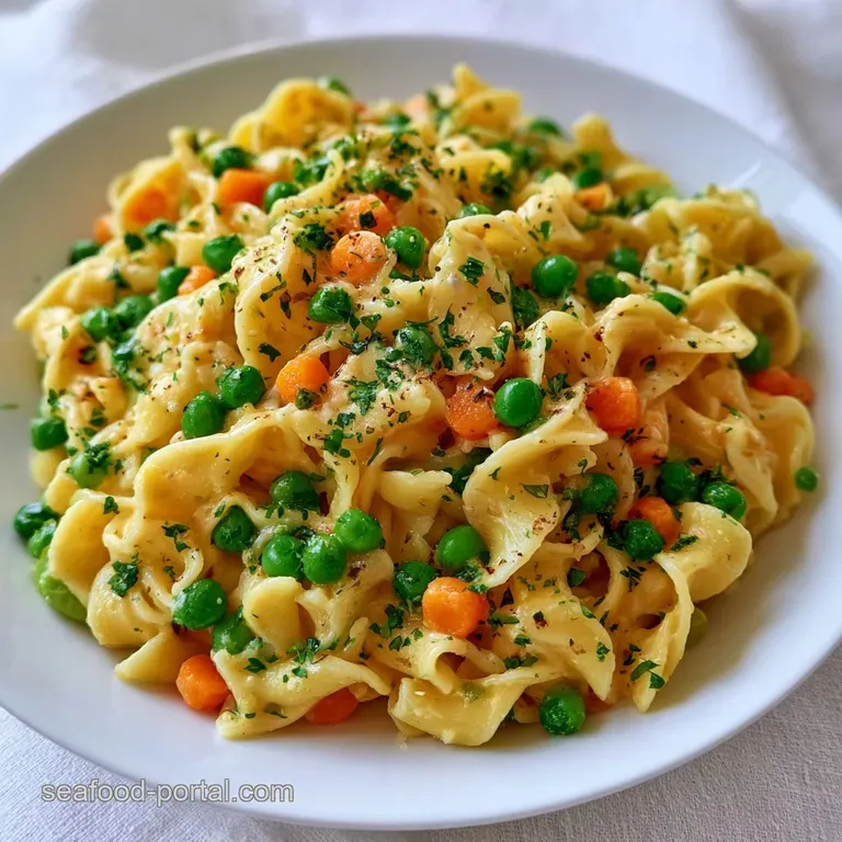 A serving of creamy pasta with golden-brown toasted crust on a white plate, garnished with fresh green herbs.