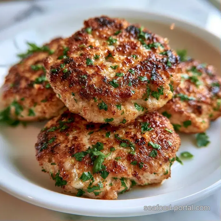 Three seared seafood cakes stacked neatly on a white plate, garnished with a sprig of fresh parsley and lemon.