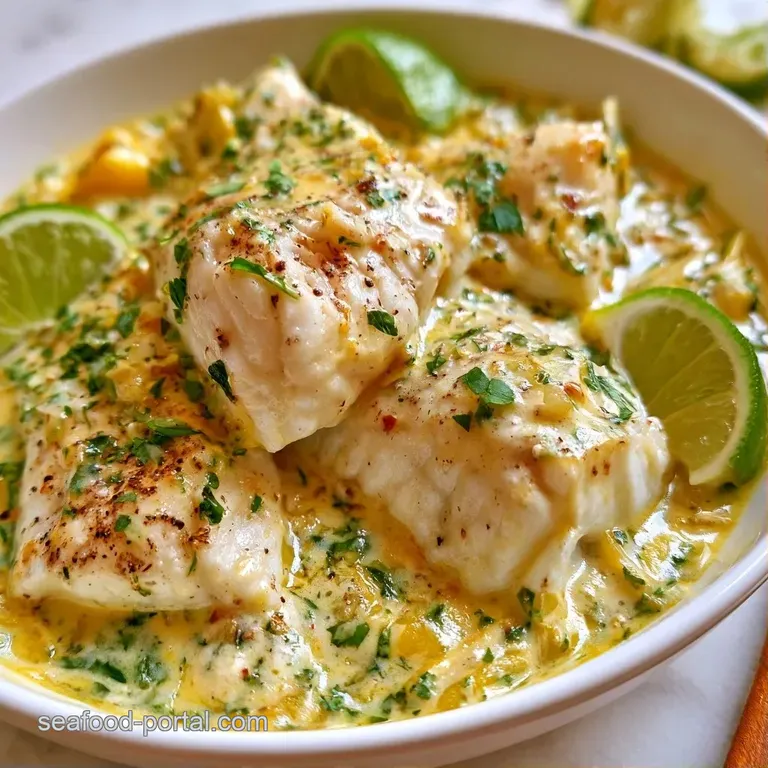 A minimal white plate holding a flaky fish fillet in white coconut cream, accented by thin lime slices and herbs.