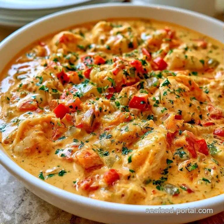 Shallow white ceramic bowl of rich creamy broth with plump orange shrimp and a delicate swirl of coconut cream