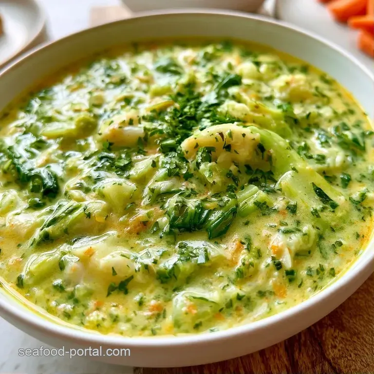 Elegant shallow bowl of creamy white broth and flaky fish, garnished with thin red chili slices and fresh cilantro.