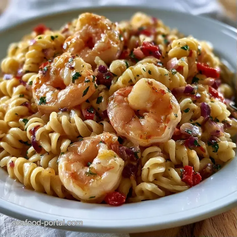 A chilled porcelain bowl filled with creamy pasta and pink shrimp, garnished with fresh parsley and cracked pepper.