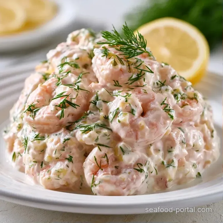 Chilled pink shrimp in a glossy white sauce, elegantly plated in a bowl with bright green dill and lemon slices.