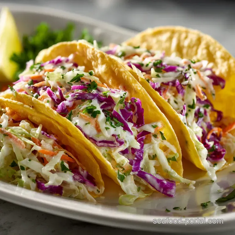 Fluffy mound of coleslaw spilling from a small bowl. Creamy white dressing coats the crisp greens. Ready to top fish tacos.