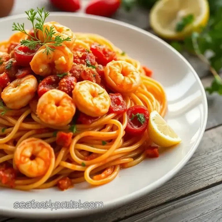 Spicy Tomato Linguine with Prawns Delight presentation