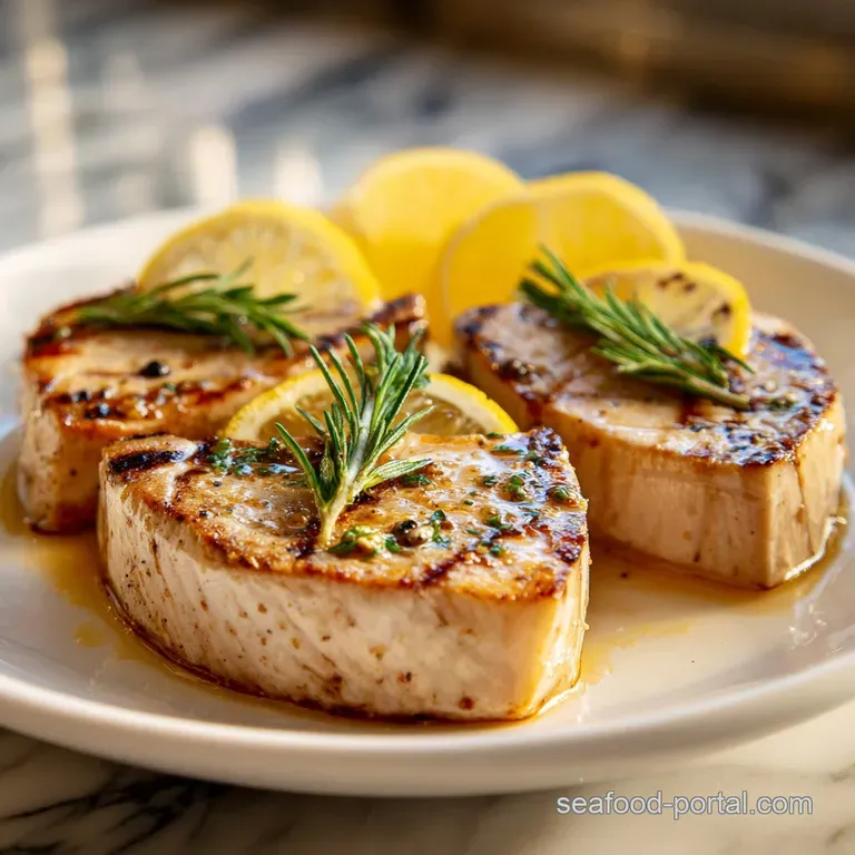 Perfectly plated swordfish steak, glistening with oil, beside a vibrant salad with crisp greens and a wedge of lemon.