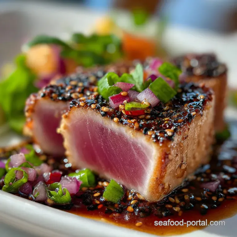 Flaky seared tuna steak served over couscous; drizzle of sauce catches the light with herbs and a lemon wedge.