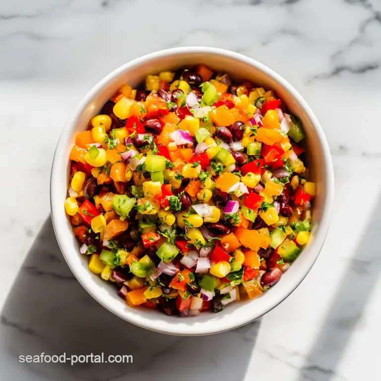 Cowboy Caviar served in a clear bowl next to crispy tortilla chips. Cilantro sprigs add a fresh pop of green color.