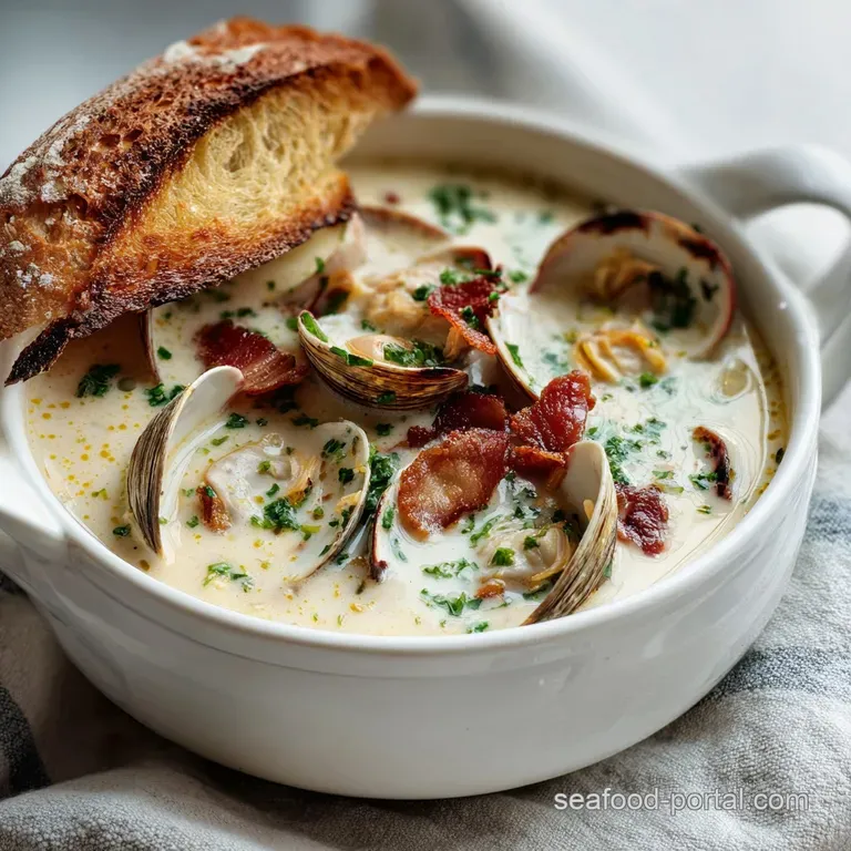 Elegant bowl of clam chowder garnished with fresh parsley, served with crusty bread on a linen napkin.
