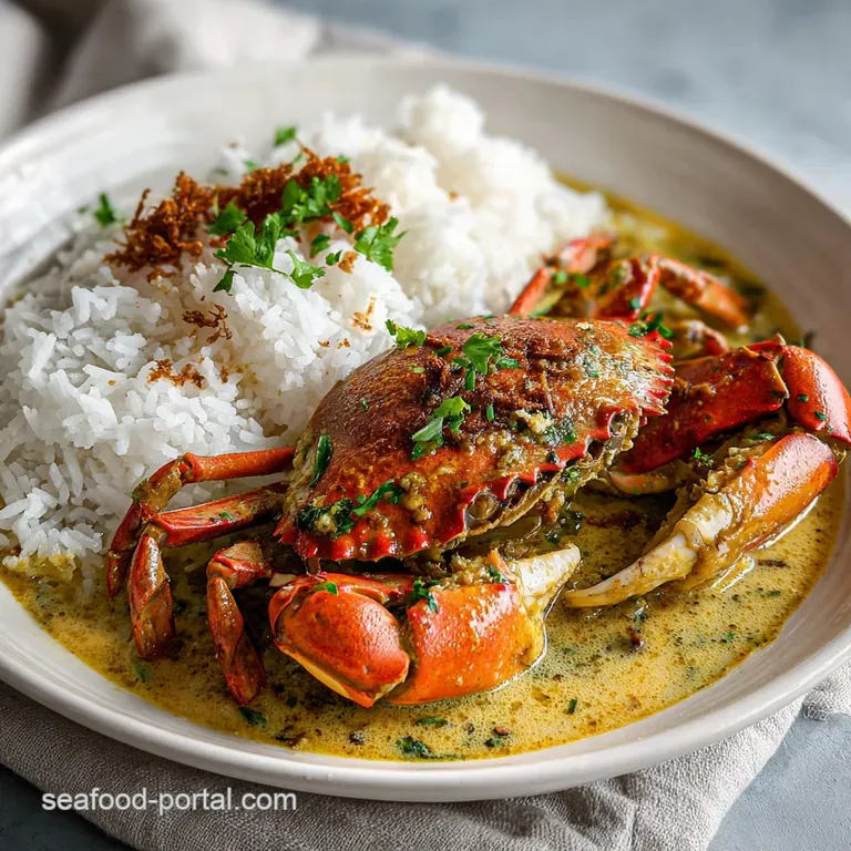 Delicate crab meat nestled in a rich coconut sauce, garnished with lime wedges and vibrant cilantro. A bright, appetizing ...