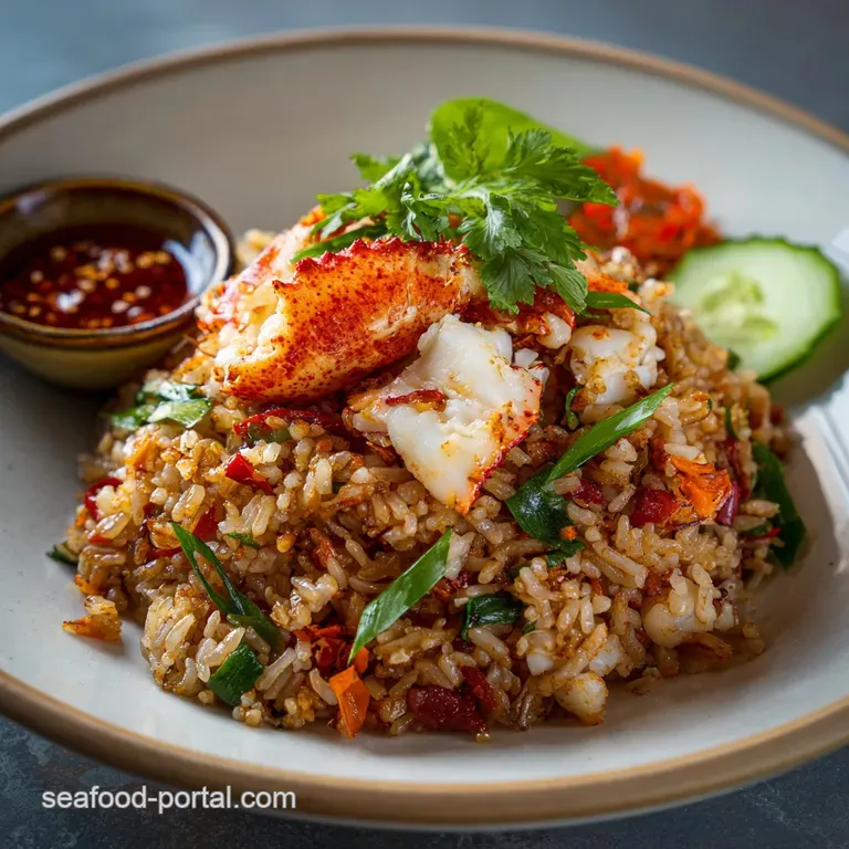 Elegant plate of crab fried rice, glistening with savory sauce, garnished with cilantro and a lime wedge.