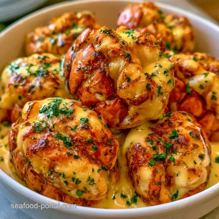 Two succulent lobster shells on a white ceramic platter, drizzled with melted butter and paired with lemon wedges.