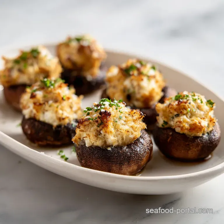 Three savory stuffed mushrooms on a white ceramic plate with lemon wedges and delicate microgreen sprigs.