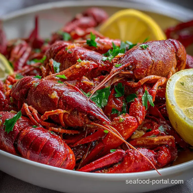 Elegant plate of creamy crawfish Julie sauce over white rice; crawfish tails and herbs garnish the dish for a pop of color.