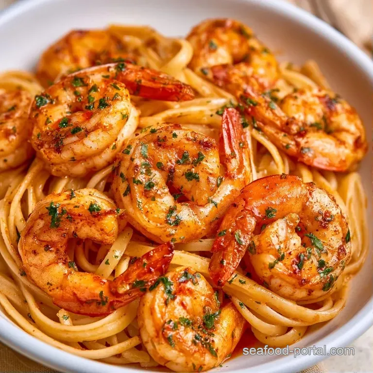 A shallow white bowl of creamy pasta topped with succulent pink shrimp and a garnish of bright green chopped parsley.