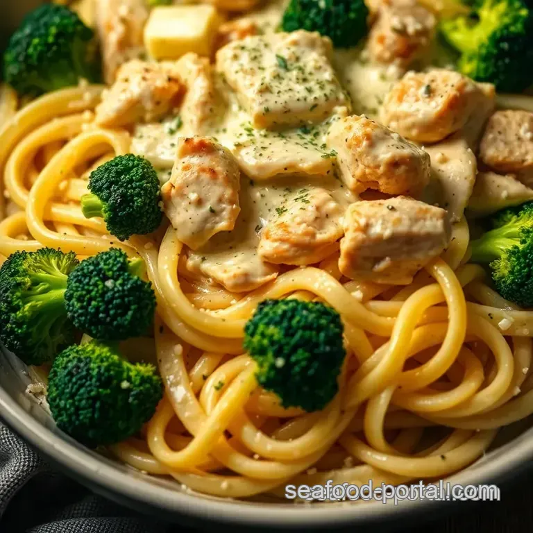 Creamy Baked Chicken Fettuccine Alfredo with Broccoli presentation