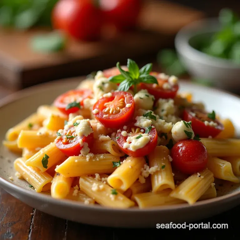 The Easiest CrowdPleaser Creamy OvenBaked Feta Cherry Tomato Pasta presentation