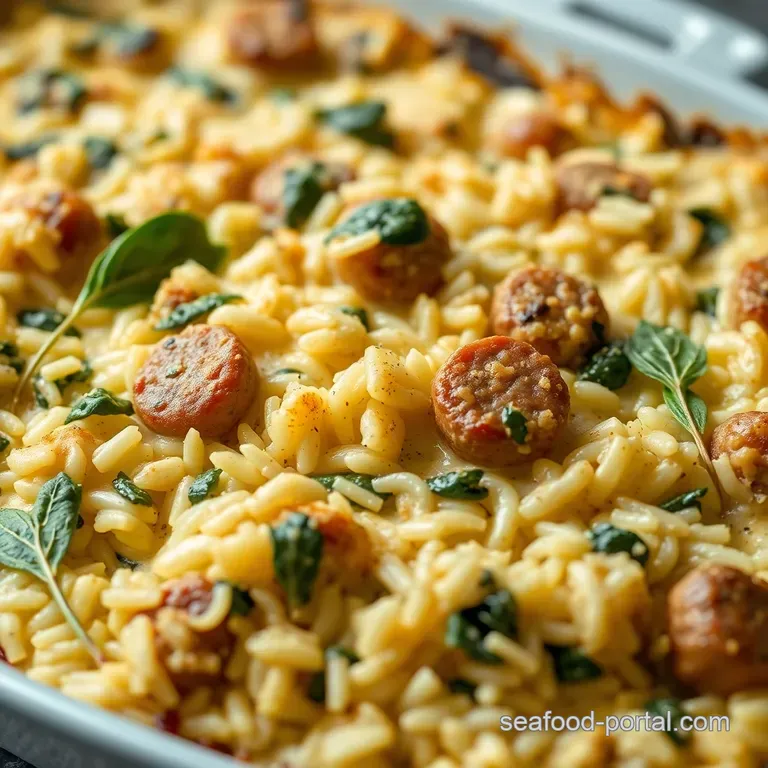 Creamy Baked Rice with Sausage and Spinach presentation