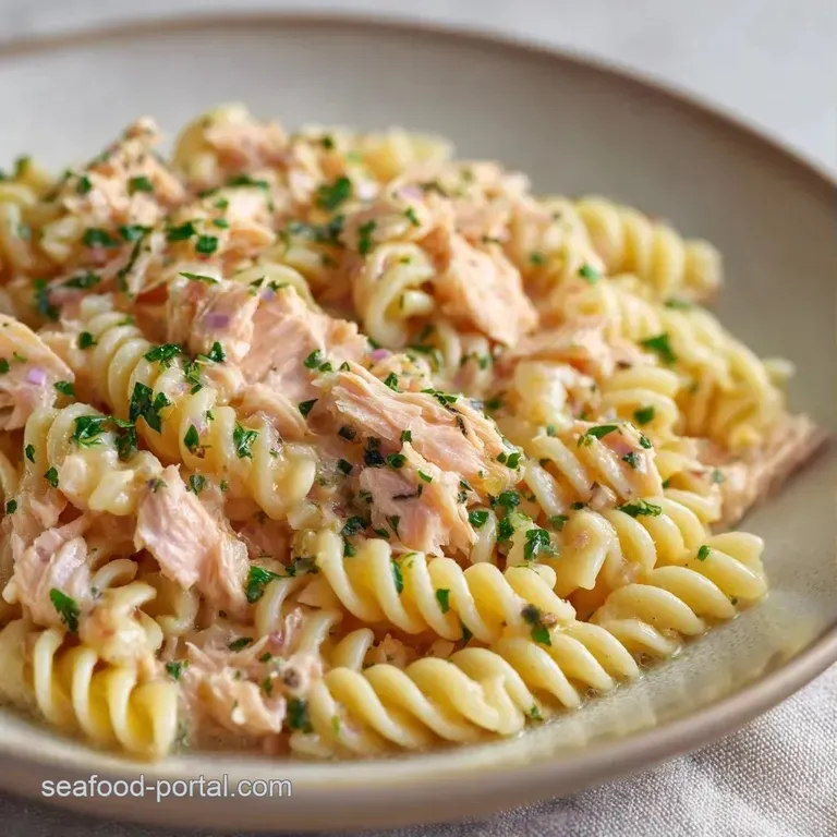 Elegant white bowl of creamy pasta topped with a bright lemon wedge and a sprig of fresh, aromatic dill.