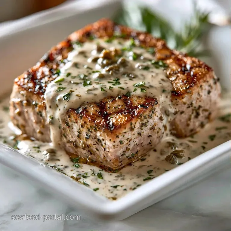 Silky off-white sauce artfully swirled on a white plate, dotted with tiny green capers and a sprig of parsley.